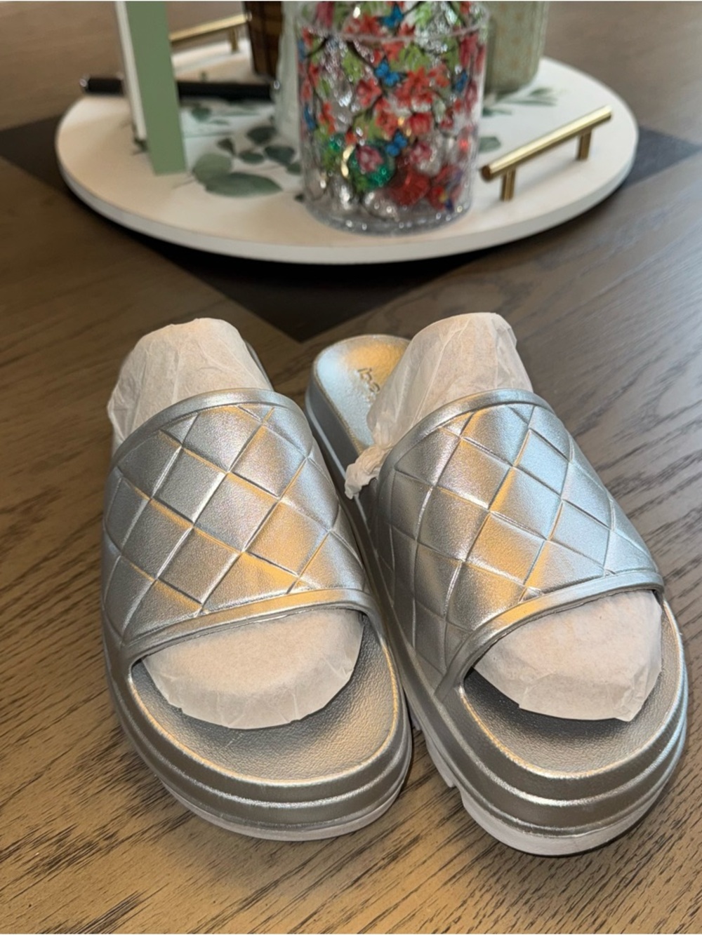 J/SLIDES Quilted Metallic Silver Slide Mules